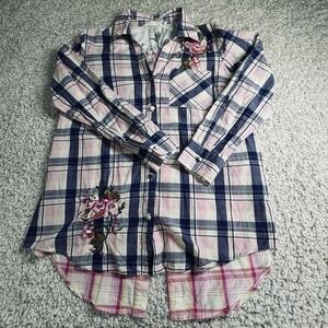 Soft Surroundings Plaid Floral Embroidered High Low Shirt Medium